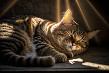 Naklejka na ściany i meble Cat tabby napping in sunbeam (Ai generated)