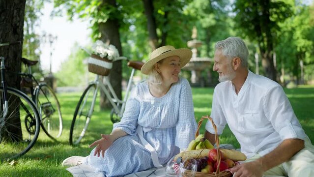 Nice couple in their 60s having picnic in urban park, first date, romance