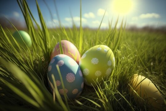 Easter eggs in the grass. AI technology generated image