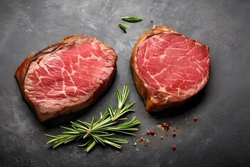 Fototapeta na wymiar On a stone background, two spiced, heart shaped marble beef steaks are being grilled. Generative AI