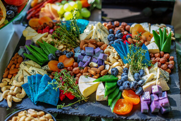 Cheese plate served with dried apricots, berry and nuts. Flat lay. Food concept