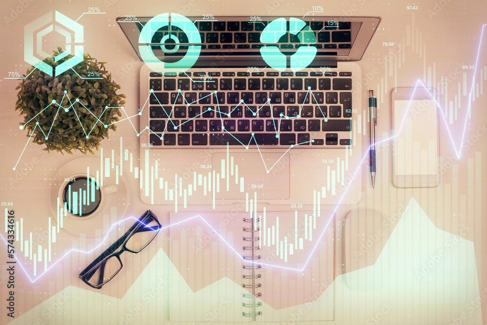 Aufkleber Multi exposure of forex chart drawing over table background with computer. Concept of financial research and analysis. Top view.