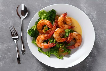 top view gourmet fried shrimp dish on the plate on white background. Generative AI