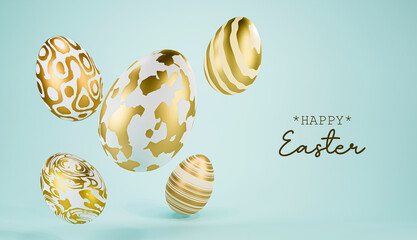 3d illustration of  5 cute golden easter eggs on the blue background with use as greeting card on the easter day with text Happy Easter