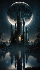 Towering castle between the moon and a lake. Fantasy and magic night scene. Generative ai.