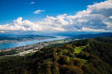 Zurich, view from Uetliberg in September; city seen from above with forest in the foreground, birds...