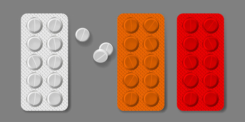 Color blisters with tablets. Medications. 3D Medical icons. Realistic vector illustration