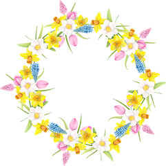 Watercolor Illustration Spring Wreath With Muscari, Daffodils, Tulips, Leaves.