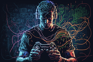 A man playing video game on an electronic circuit background