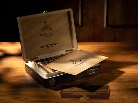 Bangkok, Thailand –April 2022: Photo of a box of cigars Montecristo, Habana Cuba . Montecristo is a brand of premium cigar, produced in Cuba for Habanos S.A. 