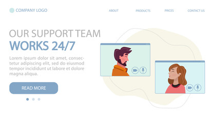 Online meeting with colleague or friend, flat cartoon style illustration. Home page banner