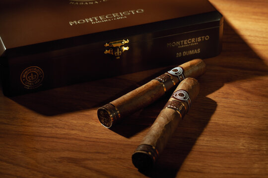 Bangkok, Thailand –April 2022: Photo of a box of cigars Montecristo, Habana Cuba . Montecristo is a brand of premium cigar, produced in Cuba for Habanos S.A. 