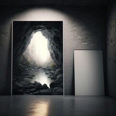 Wall poster mockup cave of wonders and a river of light AI generation.