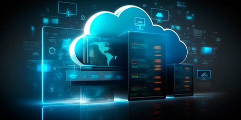 Cloud technology concept. Data center concept. Modern cloud technologies. Neon colors, cyber space, isometric illustration network with computer, laptop, tablet and smartphone. For web. Generative AI