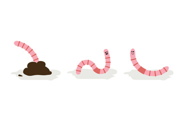 Set of cute earthworms vector illustration. Smiling cartoon characters.
