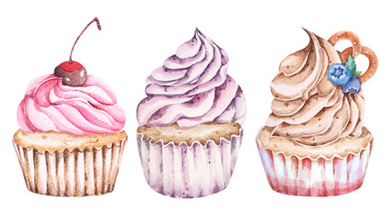 Hand drawn watercolor cupcakes decorated with cherry.Chocolate cup cake, strawberry, blueberry.Desserts for party, birthdays.for bakery and coffee shop menu.