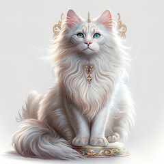 A royal white long-haired cat with blue eyes sitting