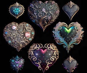 Metallic filigree hearts with gemstones vector on black background