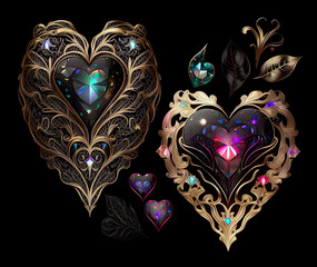 Metallic filigree hearts with gemstones vector on black background