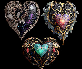 Metallic filigree hearts with gemstones vector on black background