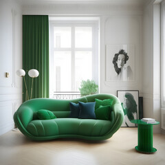 Cozy modern living room interior with green sofa and decoration room on white wall background, Generative AI
