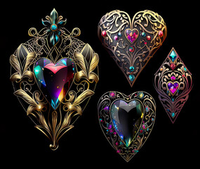 Metallic filigree hearts with gemstones vector on black background