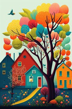 Old town street with colorful houses, blooming trees and flowers, singing birds, vibrant spring colors, folk art style, neighborhood Generative AI