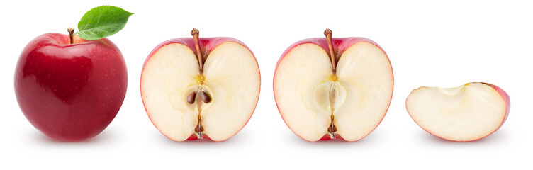 Whole fresh red apple fruit with leaf, half with seeds and without, and piece in a row isolated on white background with clipping path