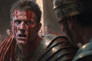 Julius Caesar assassination | moment just after Caesar is stabbed by senators, rendered in a vivid, painterly style that accentuates red of his tunic and cold steel of the conspirators' daggers.  Ai. - obrazy, fototapety, plakaty