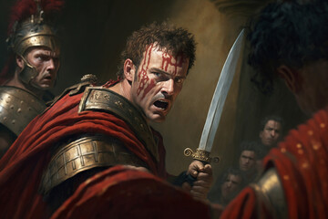Julius Caesar assassination | moment just after Caesar is stabbed by senators, rendered in a vivid, painterly style that accentuates red of his tunic and cold steel of the conspirators' daggers.  Ai - obrazy, fototapety, plakaty