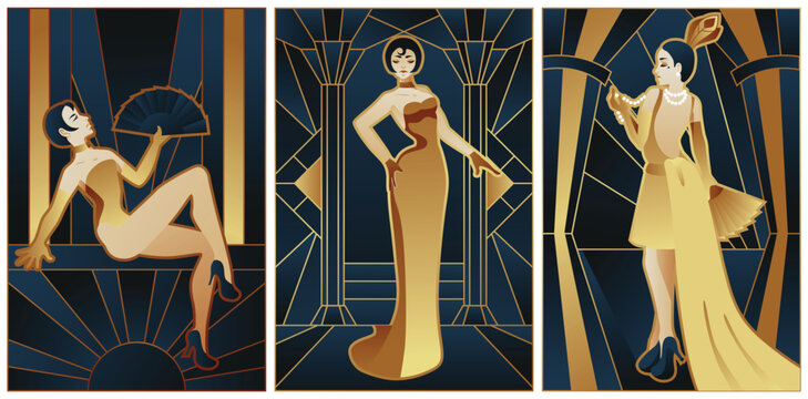 illustrations of art deco ladies style in black and gold colours	
