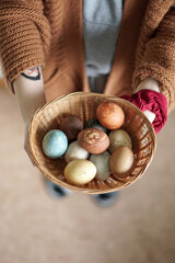 Giving Natural dyed Easter Egg with vegetables. Easter eggs collection.