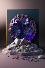purple petals and blue stones background for cosmetic products, mock up pedestal. AI generation.