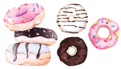 Watercolor donut with colorful sprinkles.Chocolate and strawberry donut.Dessert sweet food for snacks.Dessert bakery.