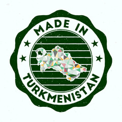 Made In Turkmenistan. Country round stamp. Seal of Turkmenistan with border shape. Vintage badge with circular text and stars. Vector illustration.