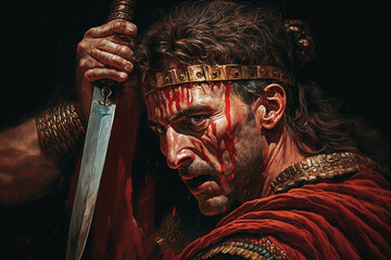 Julius Caesar assassination | moment just after Caesar is stabbed by senators, rendered in a vivid, painterly style that accentuates red of blood and cold steel of the conspirators' daggers.  Ai - obrazy, fototapety, plakaty
