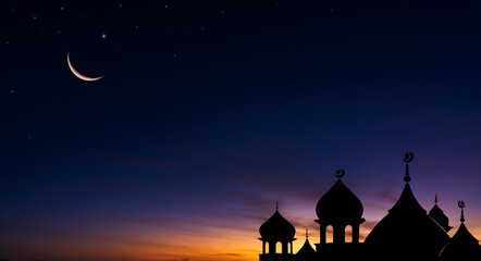 Silhouette dome mosques on dusk sky twilight in the evening religion of islamic free space for text...