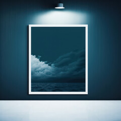 Wall poster mockup stormy night sky above a sea of blue AI generation.