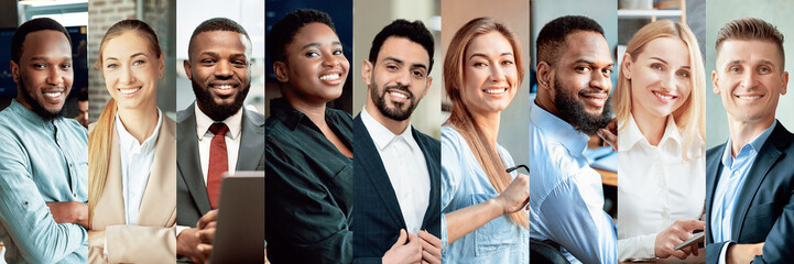 Fototapeta na wymiar Collage of multiethnic group of smiling businessmen and businesswomen