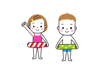 浮き輪を持った水着姿の楽しそうな子どもたち