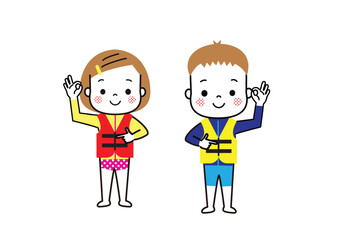 ラッシュガードとライフジャケットを着用した子どもたち　水難事故防止