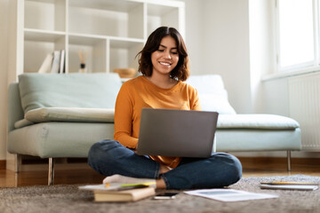 Distance Learning. Happy Young Middle Eastern Woman Study With Laptop At Home