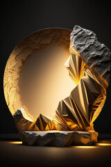 golden sunrays and a chiseled rock background for cosmetic products, mock up pedestal. AI generation.