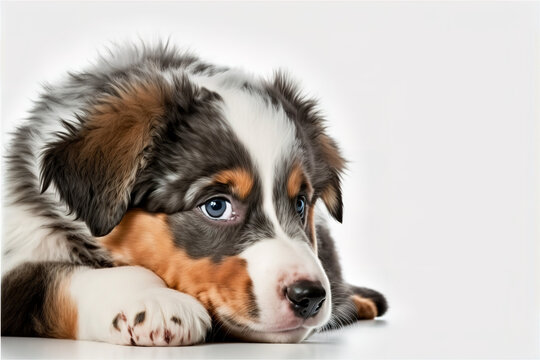The studio portrait of the puppy dog Australian Shepherd lying on the white background, looking at the copy space