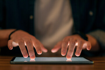 Unrecognizable man touching empty blank digital pad screen, cropped