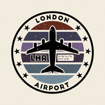 London airport insignia. Round badge with vintage stripes, airplane shape, airport IATA code, and GPS coordinates. Modern vector illustration.