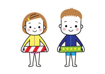 水着とラッシュガードを身に着け、浮き輪をもった子ども　川遊び、海水浴、水遊び