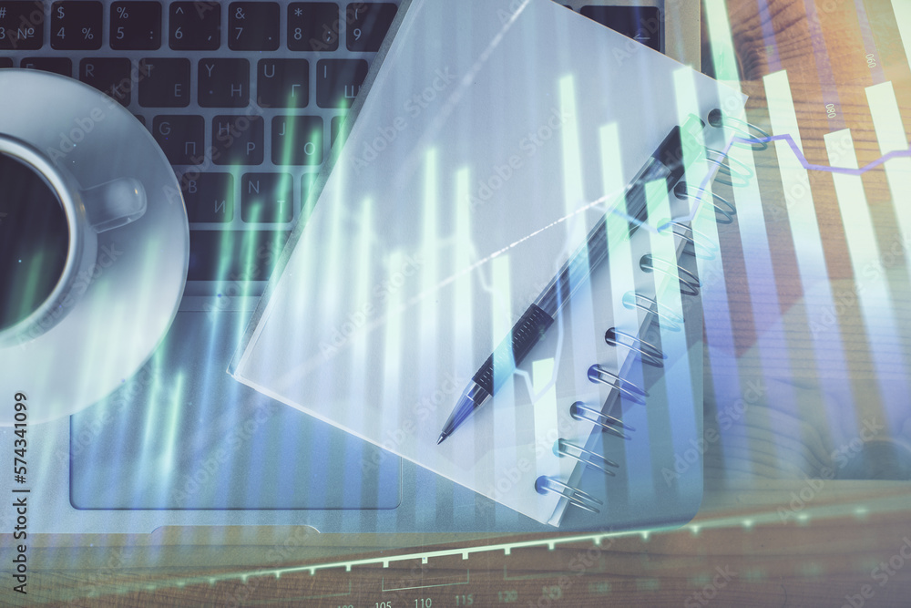 Poster multi exposure of forex chart drawing and work table top veiw. concept of financial analysis.