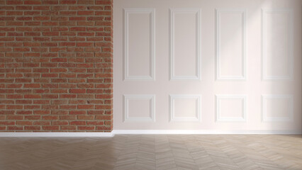 Modern interior with brickwall and wooden floor. Empty room with blank wall mockup. 3d render