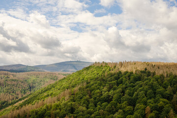 Obraz premium Ausblick zum Brocken von der Westerklippe im Harz. Wald und Himmel mit Wolken übern Ilsetal